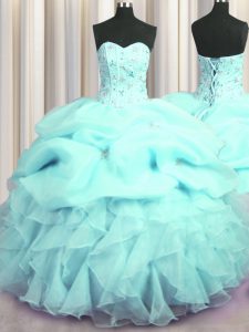 Custom Designed Visible Boning Sweetheart Sleeveless Organza Ball Gown Prom Dress Beading and Ruffles and Pick Ups Lace 