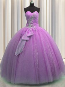 Top Selling Tulle Sweetheart Sleeveless Lace Up Beading and Sequins and Bowknot Quinceanera Gowns in Lilac