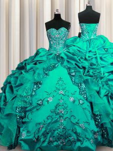 Sequins Dark Green Ball Gowns Sweetheart Sleeveless Taffeta Floor Length Lace Up Beading and Embroidery and Ruffles and 