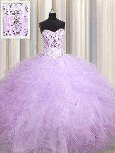 Trendy Visible Boning Lavender Sweetheart Neckline Beading and Appliques and Ruffles Quinceanera Dress Sleeveless Lace U