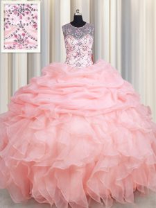See Through Scoop Sleeveless Quinceanera Gowns Floor Length Beading and Ruffles and Pick Ups Baby Pink Organza