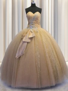 Sleeveless Tulle and Sequined Floor Length Lace Up Quinceanera Gowns in Champagne with Beading and Bowknot