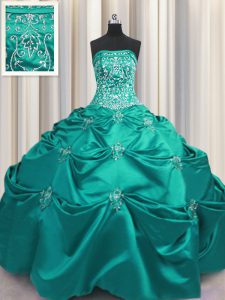 Inexpensive Sleeveless Floor Length Beading and Appliques and Embroidery Lace Up 15 Quinceanera Dress with Dark Green