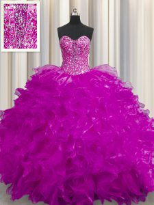 See Through Sweetheart Sleeveless Quince Ball Gowns Floor Length Beading and Ruffles Fuchsia Organza