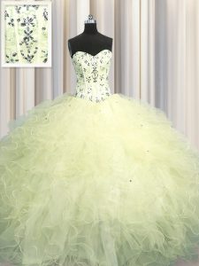 Fashion Visible Boning Floor Length Ball Gowns Sleeveless Light Yellow Sweet 16 Dresses Lace Up