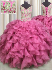 V-neck Sleeveless 15 Quinceanera Dress Floor Length Beading and Ruffles Rose Pink Organza