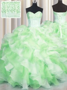 Visible Boning Two Tone Multi-color Ball Gowns Beading and Ruffles Sweet 16 Dresses Lace Up Organza Sleeveless Floor Len