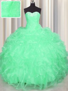 Apple Green Lace Up Sweetheart Beading and Ruffles Sweet 16 Quinceanera Dress Organza Sleeveless