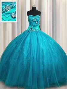 Sequined Floor Length Teal Ball Gown Prom Dress Sweetheart Sleeveless Lace Up
