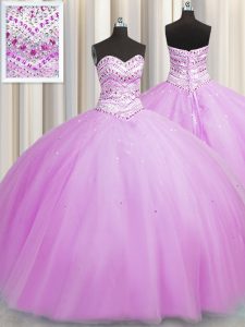 Admirable Bling-bling Really Puffy Lilac Lace Up 15th Birthday Dress Beading Sleeveless Floor Length