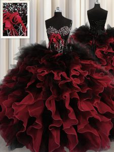Red And Black Organza and Tulle Lace Up Sweetheart Sleeveless Floor Length 15 Quinceanera Dress Beading and Ruffles