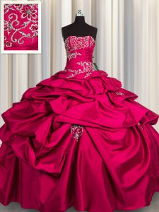 Hot Selling Strapless Sleeveless Taffeta Quinceanera Dress Appliques and Pick Ups Lace Up
