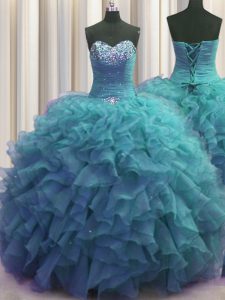 Nice Beaded Bust Ball Gowns Sweet 16 Quinceanera Dress Teal Sweetheart Organza Sleeveless Floor Length Lace Up