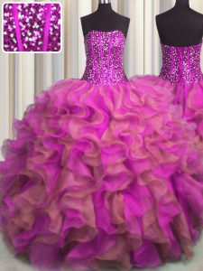 Visible Boning Beaded Bodice Sleeveless Floor Length Beading and Ruffles Lace Up Quinceanera Gowns with Multi-color