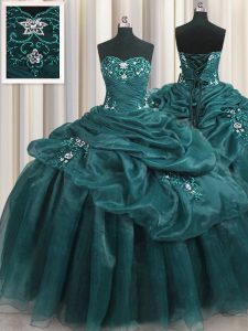 Organza Sweetheart Sleeveless Lace Up Beading and Appliques and Ruffles Ball Gown Prom Dress in Teal