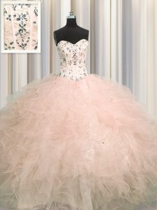 Attractive Visible Boning Sweetheart Sleeveless Lace Up 15th Birthday Dress Pink Tulle