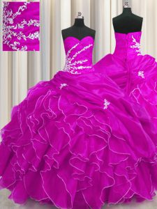 On Sale Organza Sweetheart Sleeveless Lace Up Beading and Appliques and Ruffles Ball Gown Prom Dress in Fuchsia