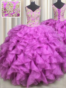 Exquisite V Neck Fuchsia Ball Gowns Beading and Ruffles Vestidos de Quinceanera Lace Up Organza Sleeveless Floor Length