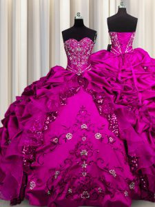 Pretty Sequins Fuchsia Sweetheart Lace Up Beading and Embroidery and Ruffles Sweet 16 Dresses Sleeveless