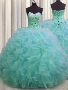Beauteous Green Sleeveless Organza Lace Up 15th Birthday Dress for Military Ball and Sweet 16 and Quinceanera