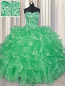 Visible Boning Sleeveless Floor Length Beading and Ruffles Lace Up Vestidos de Quinceanera with Apple Green