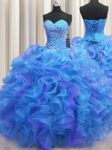 Multi-color Ball Gowns Organza Sweetheart Sleeveless Beading and Ruffles Floor Length Lace Up Quinceanera Gown