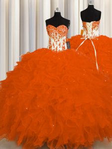 Fantastic Orange Red Sweetheart Lace Up Appliques and Ruffles Quinceanera Dresses Sleeveless