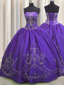Luxury Purple Taffeta Lace Up Strapless Sleeveless Floor Length Sweet 16 Dress Beading and Embroidery