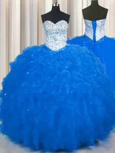 Gorgeous Sleeveless Tulle Floor Length Lace Up Vestidos de Quinceanera in Royal Blue with Beading and Ruffles