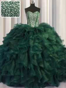 Bling-bling With Train Dark Green Quince Ball Gowns Organza Brush Train Sleeveless Beading and Ruffles