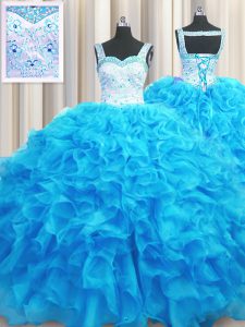 Elegant Aqua Blue Straps Neckline Beading and Ruffles Ball Gown Prom Dress Sleeveless Lace Up