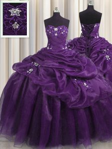 Elegant Purple Sleeveless Beading and Appliques and Ruffles Floor Length 15 Quinceanera Dress
