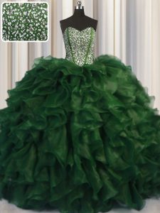 Ideal Visible Boning Bling-bling Green Ball Gowns Beading Quinceanera Dress Lace Up Organza Sleeveless With Train