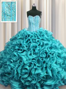 Visible Boning Aqua Blue Lace Up 15th Birthday Dress Beading and Ruffles Sleeveless Floor Length