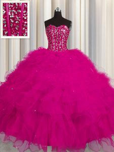 Enchanting Visible Boning Floor Length Lace Up 15th Birthday Dress Fuchsia for Military Ball and Sweet 16 and Quinceaner