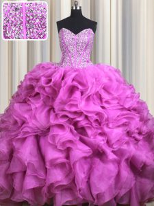 Visible Boning With Train Ball Gowns Sleeveless Fuchsia Quinceanera Gowns Brush Train Lace Up