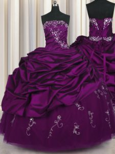 Classical Sleeveless Floor Length Beading and Embroidery and Pick Ups Lace Up 15 Quinceanera Dress with Purple