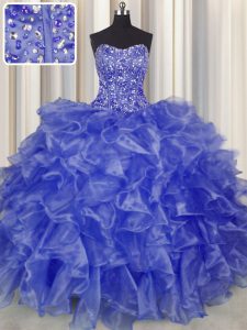 Visible Boning Blue Lace Up Strapless Beading and Ruffles Sweet 16 Dress Organza Sleeveless