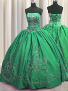 Perfect Green Taffeta Lace Up Ball Gown Prom Dress Sleeveless Floor Length Beading and Embroidery