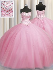 Bling-bling Big Puffy Rose Pink Sleeveless Beading Floor Length 15th Birthday Dress
