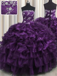Enchanting Strapless Sleeveless Quinceanera Gowns Floor Length Appliques and Ruffles and Ruffled Layers Purple Organza