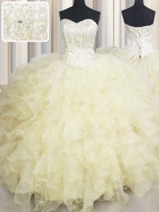 On Sale Beading and Ruffles Quinceanera Gowns Light Yellow Lace Up Sleeveless Floor Length