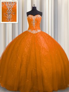 Traditional Sequined With Train Ball Gowns Sleeveless Rust Red Quinceanera Dress Court Train Lace Up