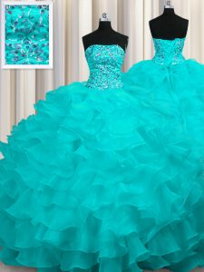 Perfect Aqua Blue Organza Lace Up Strapless Sleeveless With Train Sweet 16 Dresses Sweep Train Beading and Ruffles