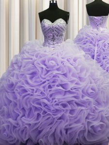 Captivating Lavender Fabric With Rolling Flowers Lace Up 15 Quinceanera Dress Sleeveless Brush Train Beading and Pick Up