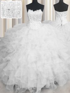 White Scalloped Neckline Beading and Ruffles Quinceanera Dresses Sleeveless Lace Up