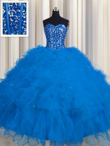 Visible Boning Blue Sleeveless Tulle Lace Up 15 Quinceanera Dress for Military Ball and Sweet 16 and Quinceanera