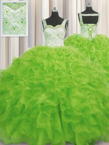 Straps Sleeveless 15 Quinceanera Dress Floor Length Beading and Ruffles Yellow Green Organza