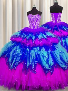 Dynamic Bling-bling Visible Boning Sweetheart Sleeveless Lace Up Quince Ball Gowns Multi-color Tulle
