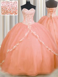 Sleeveless Brush Train Beading and Appliques Lace Up Quinceanera Gown